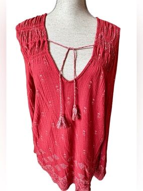Lucky Brand Boho Rust Red Tunic Top with Tassel Tie, Size Large